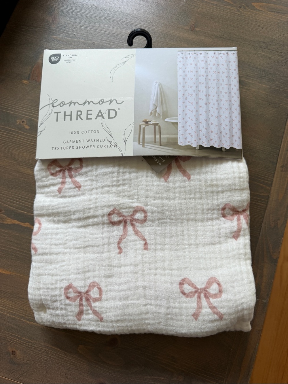 Common Thread 100% Cotton White Shower Curtain with Pink Bow Motif